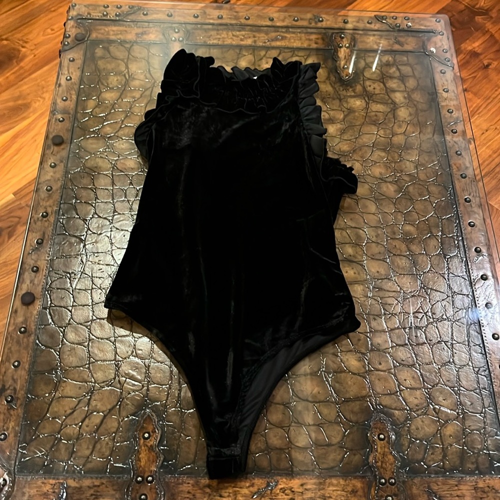 TCEC Black Velvet Ruffle Bodysuit